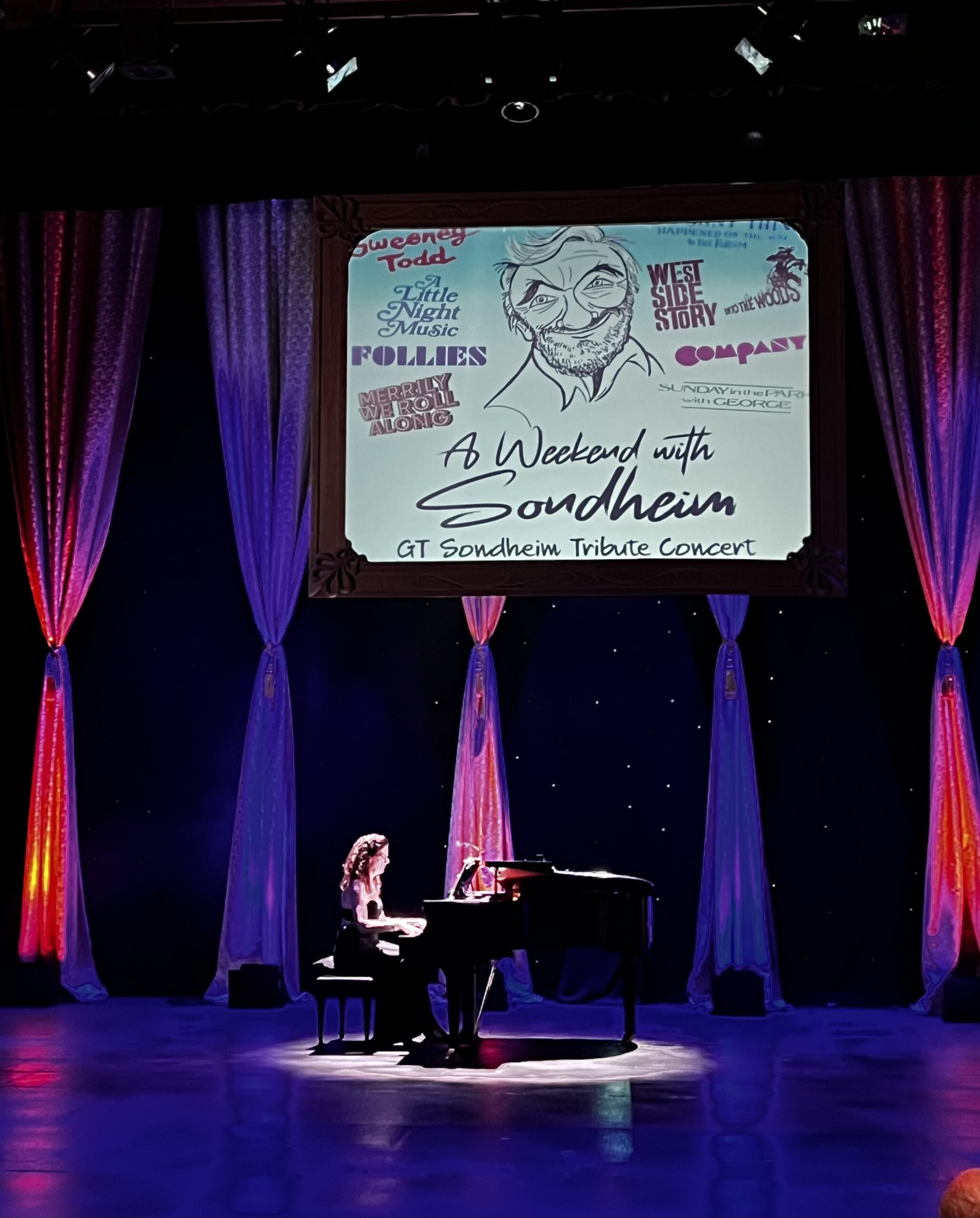 Pianist performing at a Sondheim tribute concert featuring "Sweeney Todd," "Follies," and "West Side Story.